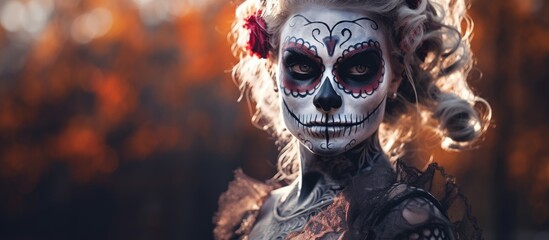 A close-up portrait of a woman with elaborate and eerie skeleton makeup for Halloween - obrazy, fototapety, plakaty