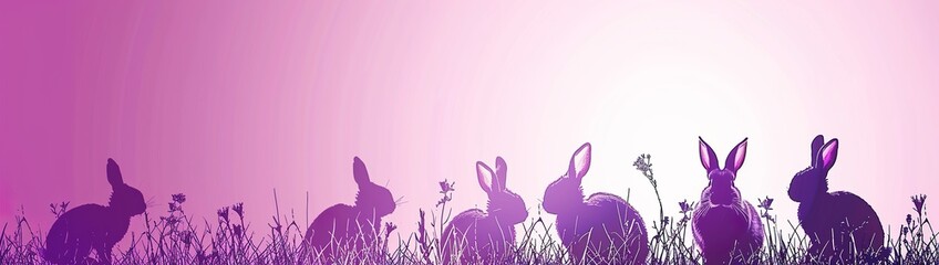 Easter themed, Bunnies and Bunnyails Silhouettes on narrow grass border along the bottom of an Easter gradient background with copy space - obrazy, fototapety, plakaty