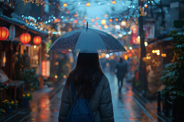 Woman Walking Down Street With Umbrella