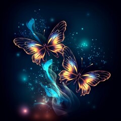Night glowing butterflies on dark abstract background