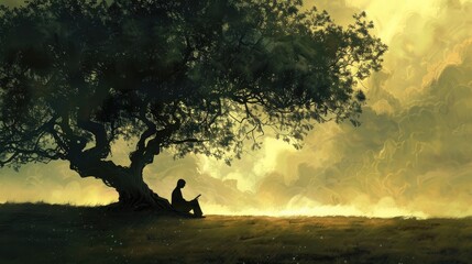A solitary figure sitting beneath a tree, lost in thought with a book as their only companion, seeking wisdom in solitude.