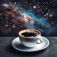 A white coffee cup filled with a dark liquid that reflects a starry night sky sits on a saucer against a space background with nebula and stars  - 766553529