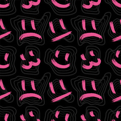 Emoticons sad, funny, poker face, cat in graffiti style, seamless pattern. Endless texture and print for packaging and wrapping.Shapes. Birthday, youthful, stylish, fashionable colors.Black and pink
