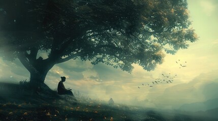 A solitary figure sitting beneath a tree, lost in thought with a book as their only companion, seeking wisdom in solitude.