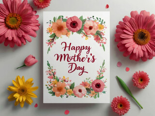 Happy mother's day with mother and baby floral frame illustration with colorful spring flowers background