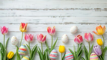 easter tulips and striped eggs border on wood background, empty space in the middle - obrazy, fototapety, plakaty