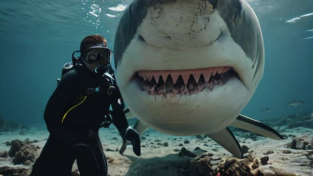 Diver on the ocean floor with a white shark.
Concept: ocean fauna and marine animals, biology and protection of marine life, diving tours and adventure tourism.