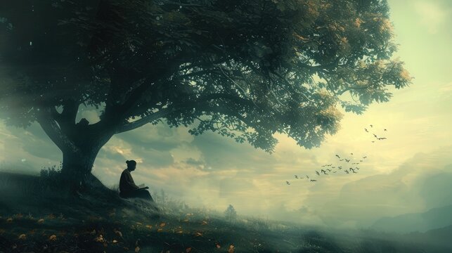 A solitary figure sitting beneath a tree, lost in thought with a book as their only companion, seeking wisdom in solitude.