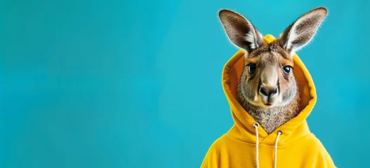 Deurstickers photo of cute kangaroo wearing yellow hoodie, blue background, banner with copy space area © nikolettamuhari