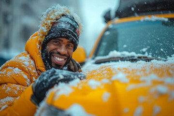 A happy man in a yellow jacket removes snow with a brush from a car.