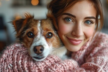Smiling woman in pink sweater cuddling a furry dog in her arms