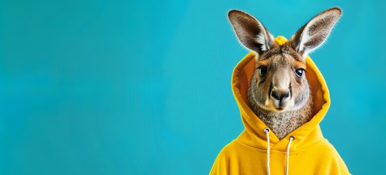 photo of cute kangaroo wearing yellow hoodie, blue background, banner with copy space area