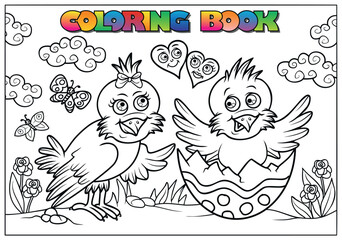 Easter coloring book for children - chicks hatching from an egg