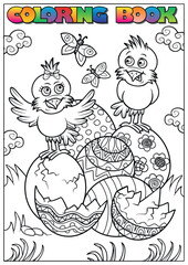 Easter coloring book for children - chicks hatching from an egg