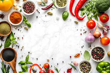 Fresh vegetables and spices on a white marble surface: red chili peppers, tomatoes, garlic cloves, basil leaves, and colorful spices in small bowls. View from above, copy space in the centre. - obrazy, fototapety, plakaty