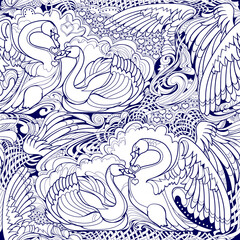 Seamless pattern ornament. Fantasy abstract background. Hand-drawn illustration with swans and Celtic knots. Print for fabric, embroidery, wrapping, carpet, wallpaper. Monochrome decor. Vector drawing