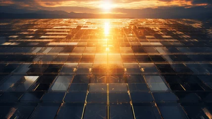Foto op Plexiglas A sunlit desert landscape with a large field of solar panels © Exnoi