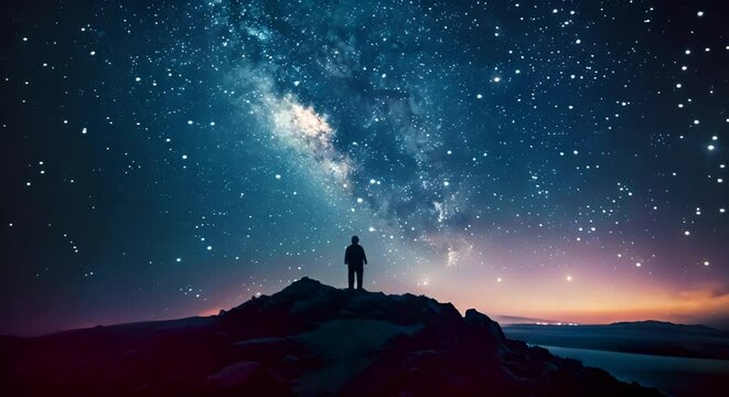 man standing on the mountain at night with starry sky and milky way.