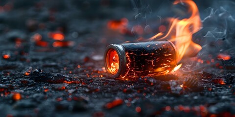 Illustrating the Importance of Fire Prevention with a Photo of a Lithium-Ion Battery Fire. Concept Fire Prevention, Lithium-Ion Batteries, Hazard Awareness, Safety Tips, Preventing Accidents - obrazy, fototapety, plakaty