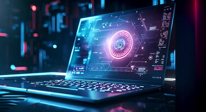 futuristic interpretation of a secure cyber security service concept on a laptop, portrayed in high definition, showcasing advanced digital defense mechanisms