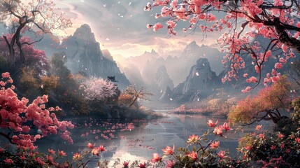 A vibrant wallpaper showcasing ocean sunset essence, candy colors, and zen garden motifs amidst mountain panoramas