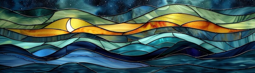 Wallpaper showing an underwater scene merging with stained glass art, set amidst a desert under northern lights