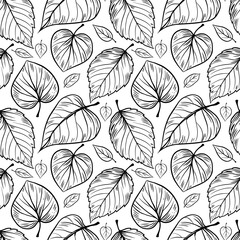 Tree leaves. Floral seamless pattern. Spring background. Vector doodle, sketch