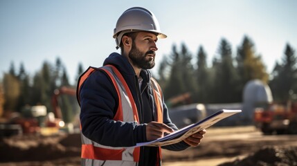 A man wearing a hard hat and safety vest is looking at a piece of paper
