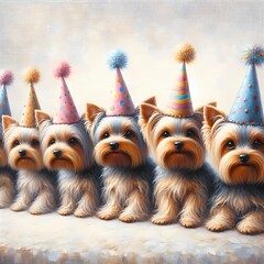 A group of adorable Yorkshire Terriers is lined up, each wearing colorful party hats with different designs  - 766555175
