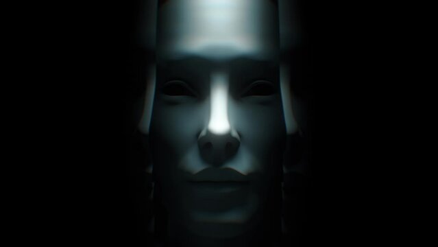 Close in on a darkly lit human face split down the middle and opening on a loop to reveal repeated faces inside each other.