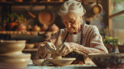An image of an elderly woman attending a pottery class, shaping clay into beautiful works of art creation and care, love and harmony, hobbies