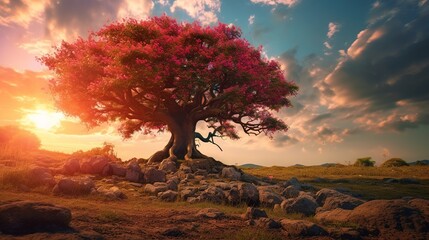 Beautiful tree in the meadow at sunset