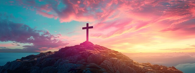 Silhouette of the Cross on top of the mountain with a colorful sky background - obrazy, fototapety, plakaty
