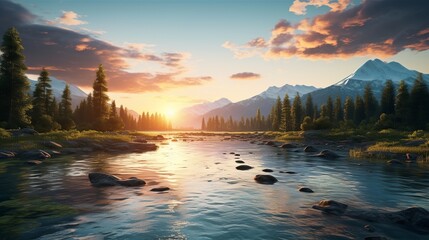 Sunset on the lake in the forest. Beautiful summer landscape. - obrazy, fototapety, plakaty