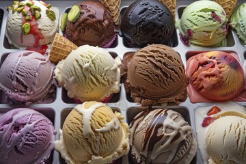 A tantalizing display of Italian gelato fills the frame, each scoop a vibrant burst of color and flavor.