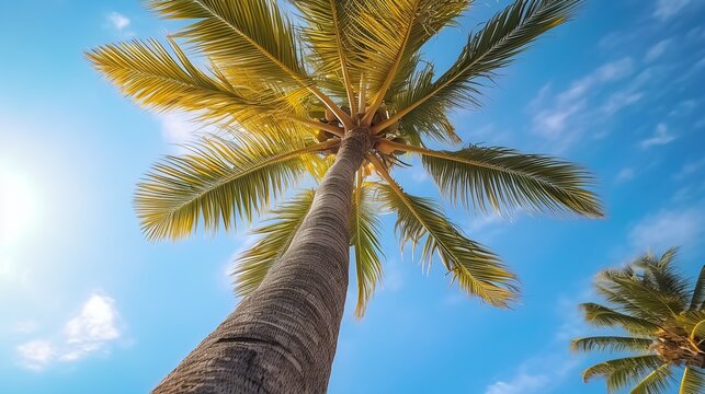 Coconut palm tree against blue sky with white clouds. Nature background