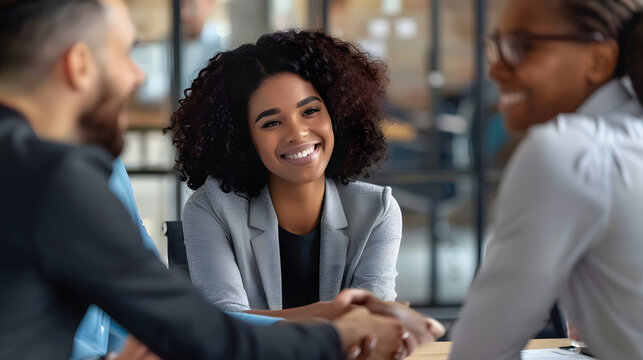 Business ethics and etiquette. Gender and ethnic diversity at work. Smiling young African-American woman shaking hands with negotiation partner, sitting at desk with male teammates in company meeting