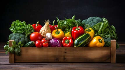 Fresh vegetables in a wooden box on a dark background. Selective focus. - obrazy, fototapety, plakaty