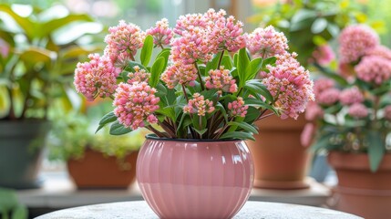 Potted Plant With Pink Flowers and Green Leaves - 766555994