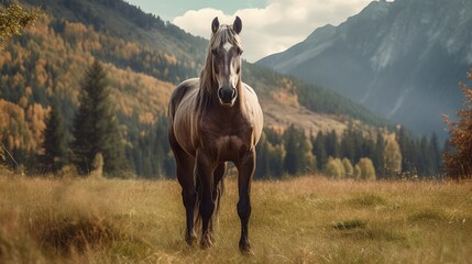 Horse in the mountains. Beautiful landscape in the autumn time. - obrazy, fototapety, plakaty