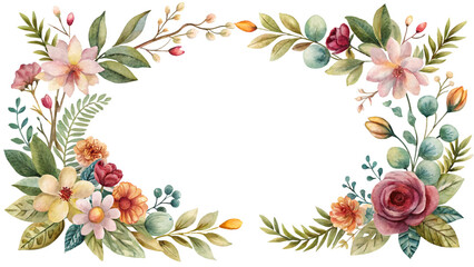 Floral frame with different flowers, isolated decorative illustration