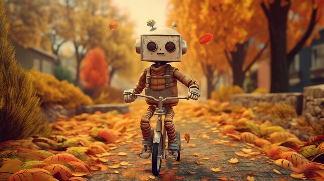a robot riding a motorcycle in the autumn park