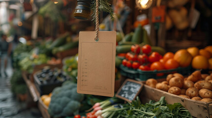 Tag hanging from rope in front of food stand with natural foods and ingredients