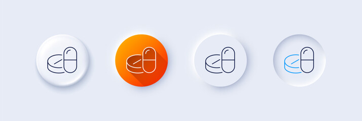 Medical drugs line icon. Neumorphic, Orange gradient, 3d pin buttons. Medicine pills sign. Pharmacy medication symbol. Line icons. Neumorphic buttons with outline signs. Vector - obrazy, fototapety, plakaty