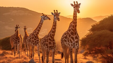 Group of giraffes in the savanna of Namibia at sunset - obrazy, fototapety, plakaty