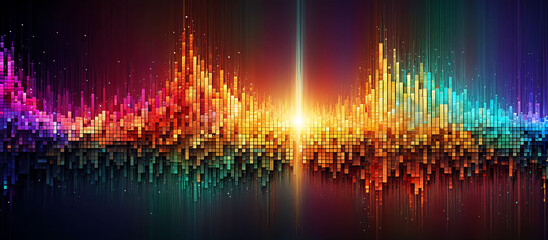 Music digital rhythms a vibrant visualization of sound waves across a pixelated spectrum of colorful  neon lights on black background