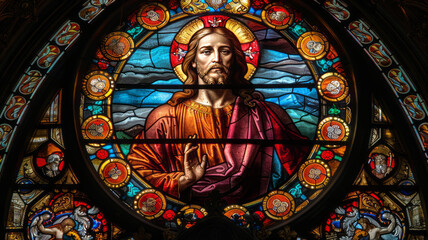 A vibrant stained glass window depicting Jesus Christ in a majestic and holy style,generative ai