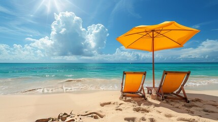 Two Lounge Chairs Under Umbrella on Beach
