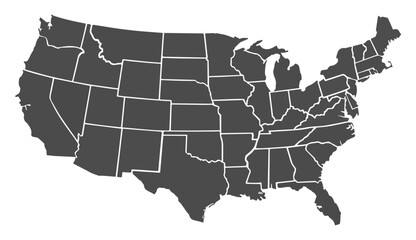 USA vector gray map isolated on transparent or white background. Editable and detailed map of the United States with outlined administrative divisions. Vector illustration.