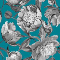 Seamless spring pattern drawn in gouache with pink peonies